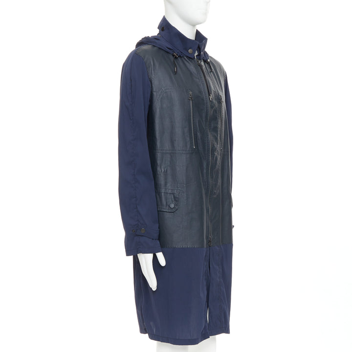 LANVIN black leather panels navy lightweight nylon anorak coat FR48 M