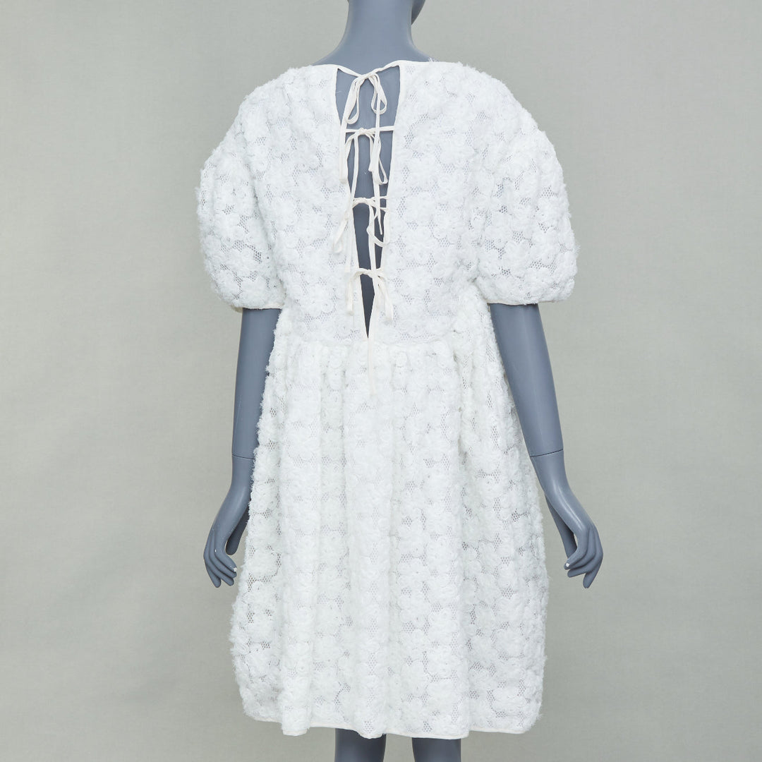 CECILIE BAHNSEN white textured floral puffy short sleeve babydoll dress UK8 S