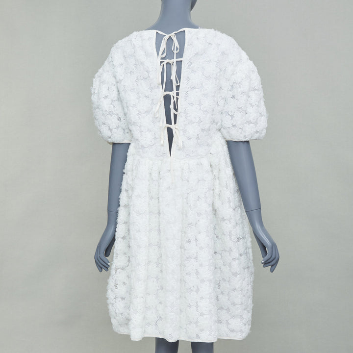 CECILIE BAHNSEN white textured floral puffy short sleeve babydoll dress UK8 S