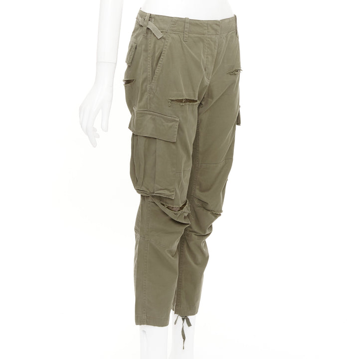 BALMAIN khaki cotton blend ripped chainmail details low waist cargo pants FR36 S