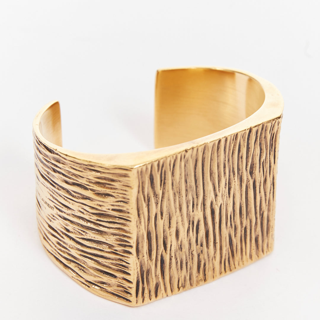 SAINT LAURENT aged gold tone bark wood textured square cuff bangle manchette
