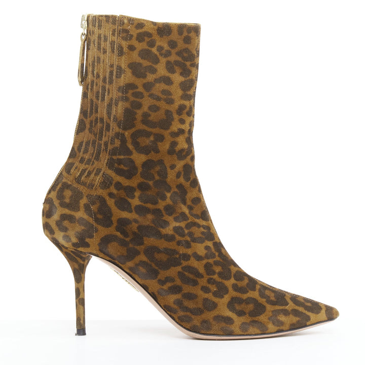 AQUAZZURA Montmartre brown leopard print suede pointy boots EU36