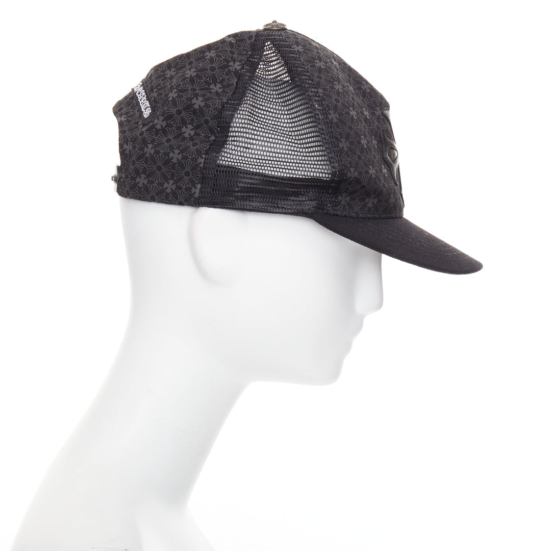 CHROME HEARTS black lambskin leather cemetery cross patch trucker cap 53-60cm