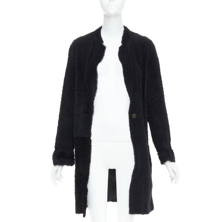 KARL DONOGHUE black lambskin shearling fur single button long coat L