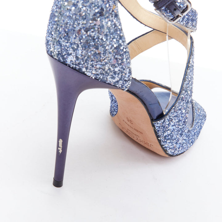 JIMMY CHOO Emily blue glitter crisscross strap open toe sandals EU36