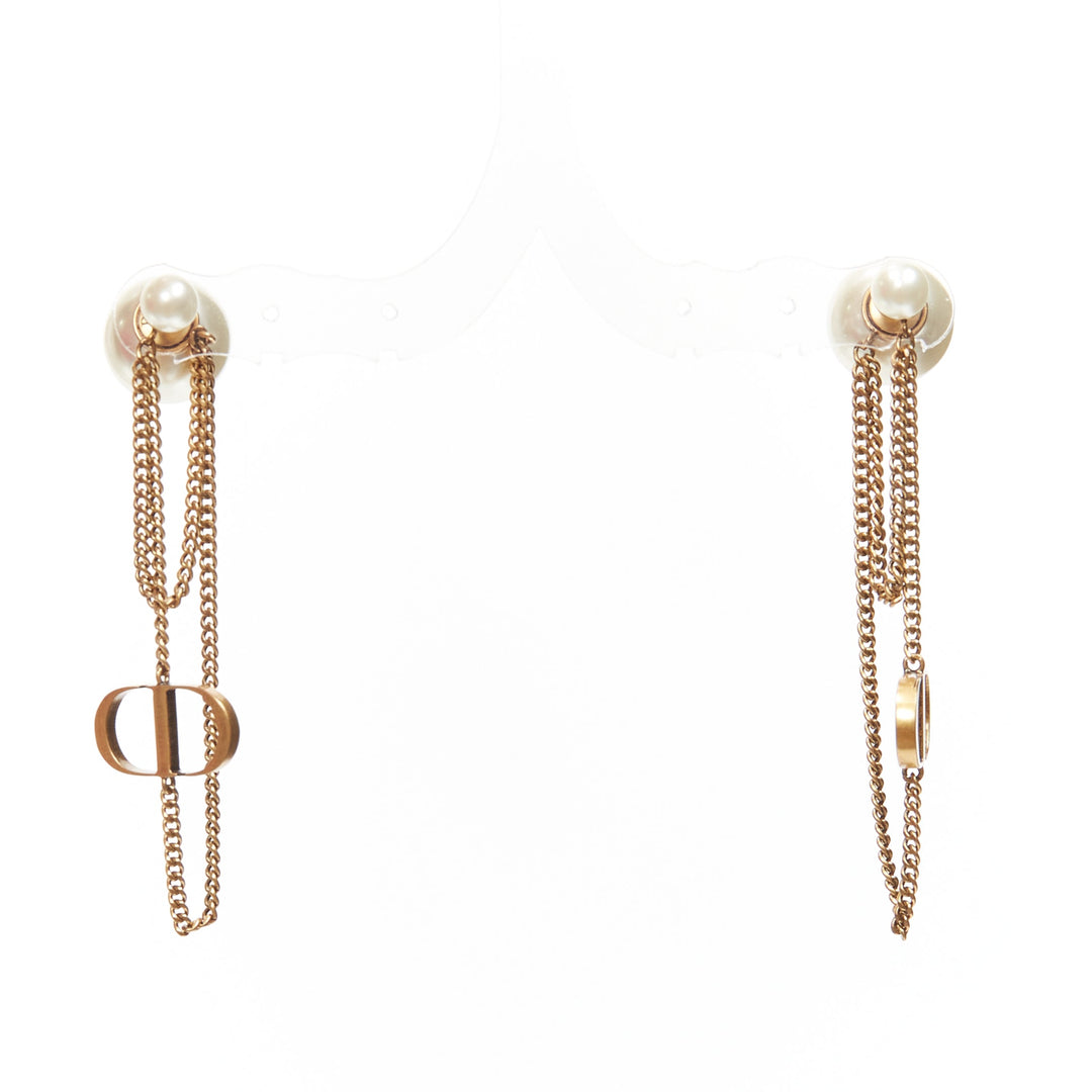 DIOR Tribales double pearls CD charm drop dangling chain pin earrings pair