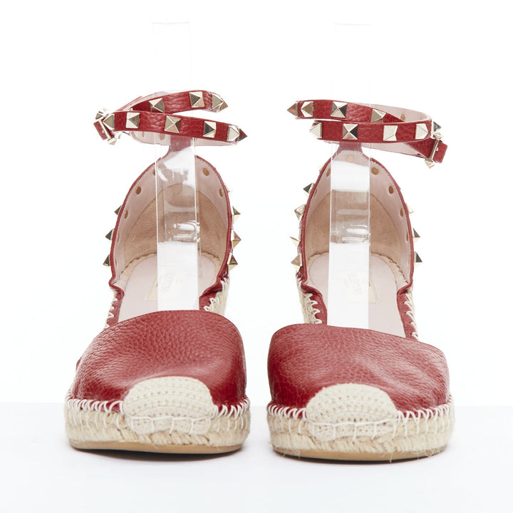 VALENTINO Rockstud 85 red leather jute espadrille wedge EU39