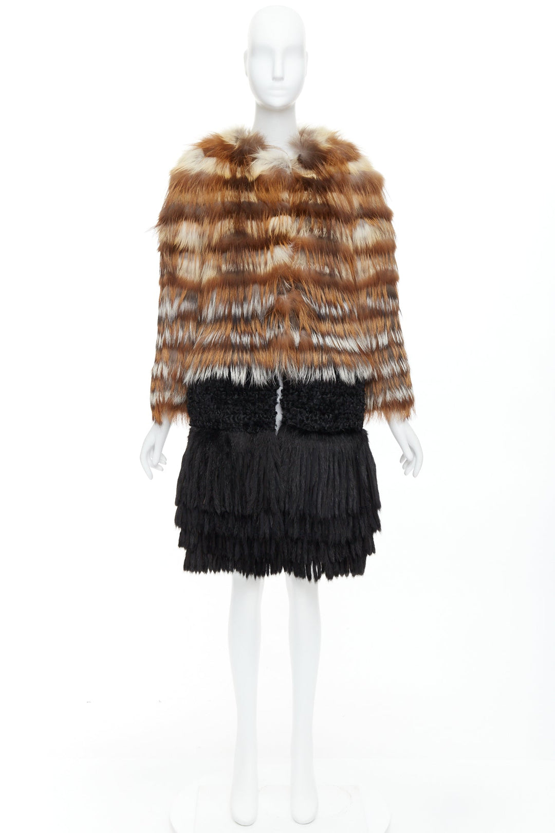 GIAMBATTISTA VALLI brown black mixed fur fringe hem long coat