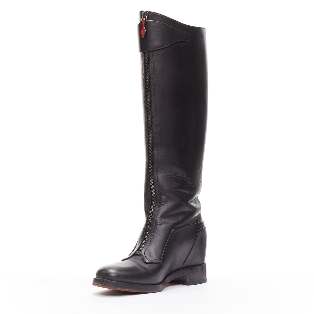CHRISTIAN LOUBOUTIN black leather zip front concealed wedge riding boot EU40