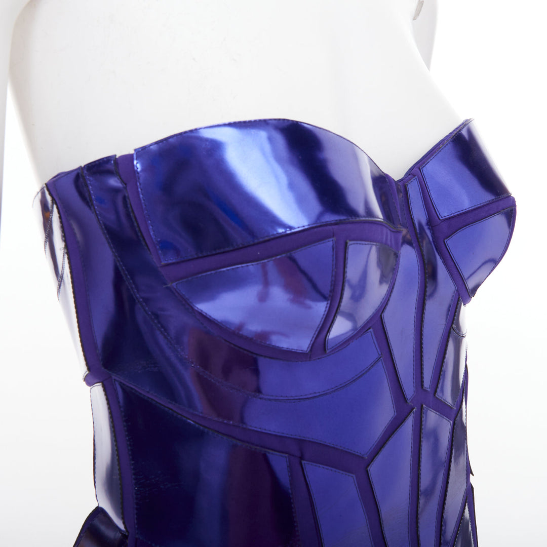 VERSACE 2010 Runway blue metallic silk leather corseted dress IT38 XS Katy Perry