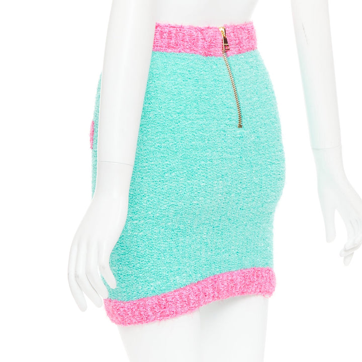 BALMAIN turquoise pink gold button embellished boucle skirt FR34 XS
