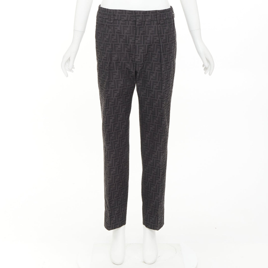 FENDI black FF Zucca monogram jacquard pleat front tapered cropped pants IT48 M