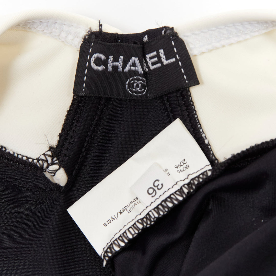 rare CHANEL 96C Vintage CC black cream colorblock swim bodysuit FR36 S