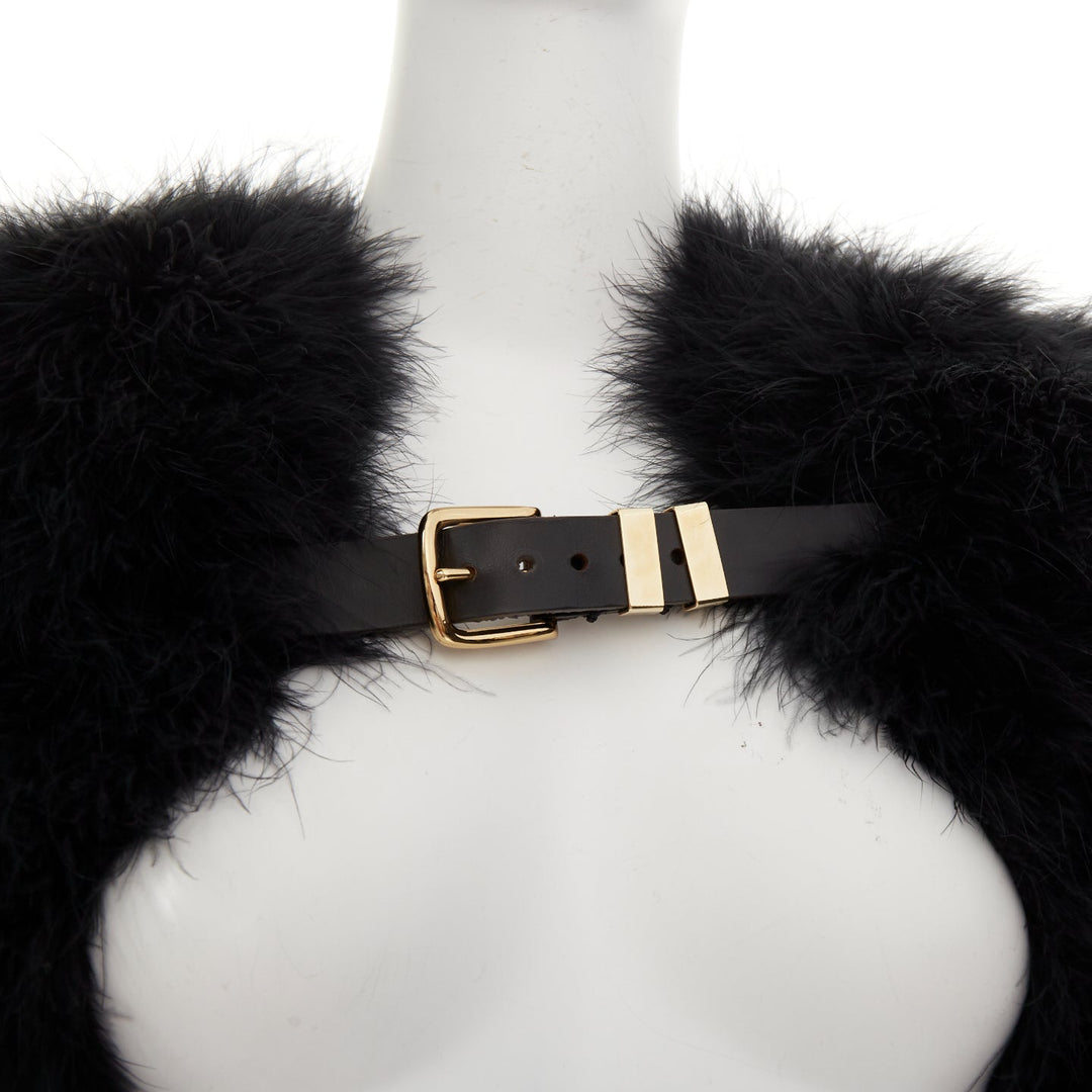 BALMAIN 2014 black turkey feather leather buckle collar cape shrug bolero FR38 M