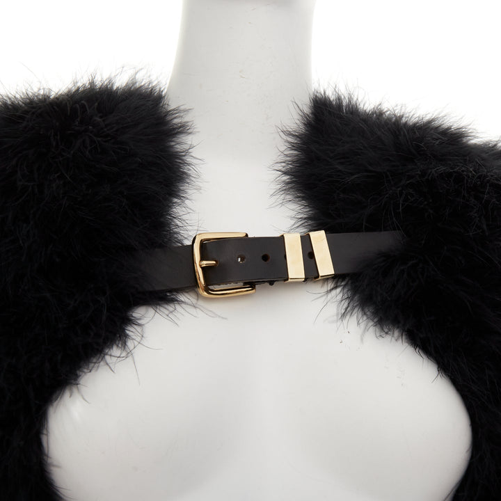BALMAIN 2014 black turkey feather leather buckle collar cape shrug bolero FR38 M