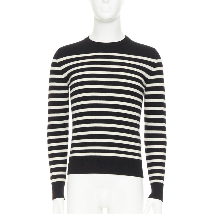 SAINT LAURENT 2017 100% Cashmere black white horizontal striped crew sweater XS