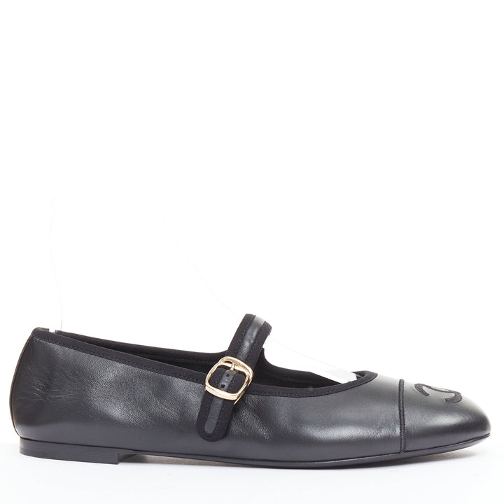 CHANEL 2024 black soft lambskin leather stitched CC cap toe mary jane flats EU39
