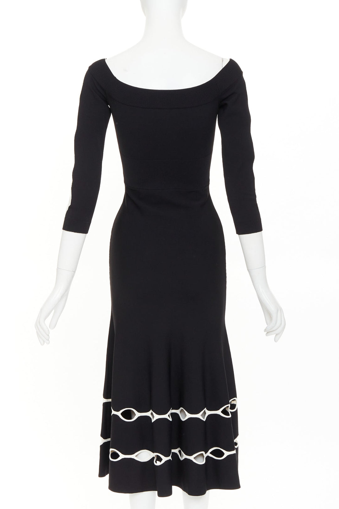ALEXANDER MCQUEEN 2018 black knit white scalloped openwork bateau midi dress S