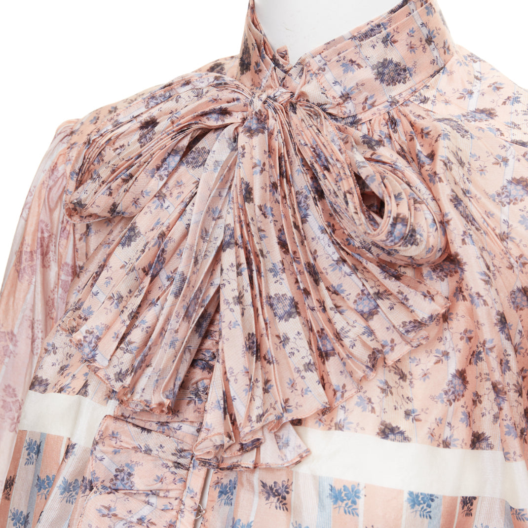 LOUIS VUITTON 2018 Runway 100% silk pink floral stripes pussybow blouse FR36 S