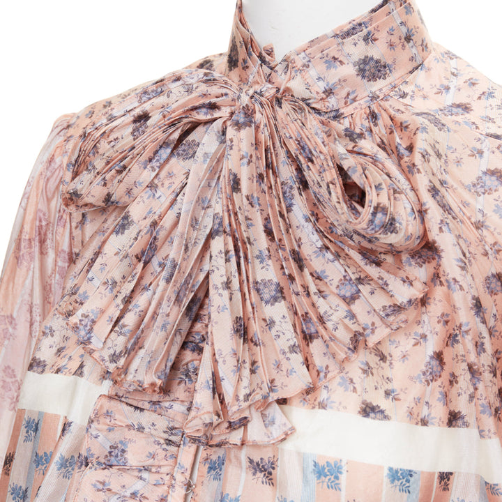 LOUIS VUITTON 2018 Runway 100% silk pink floral stripes pussybow blouse FR36 S