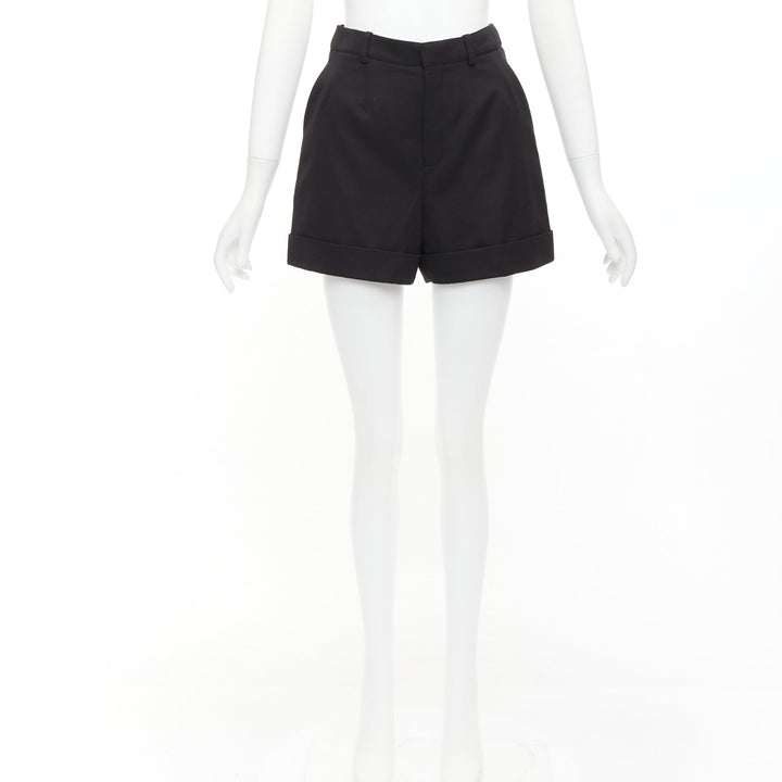 SAINT LAURENT 2019 black virgin wool cuffed high waisted shorts FR36 XS