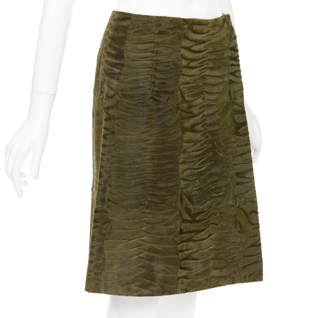 PRADA Vintage 2004 Runway moss green Persian lamb fur A-line knee skirt IT40 S