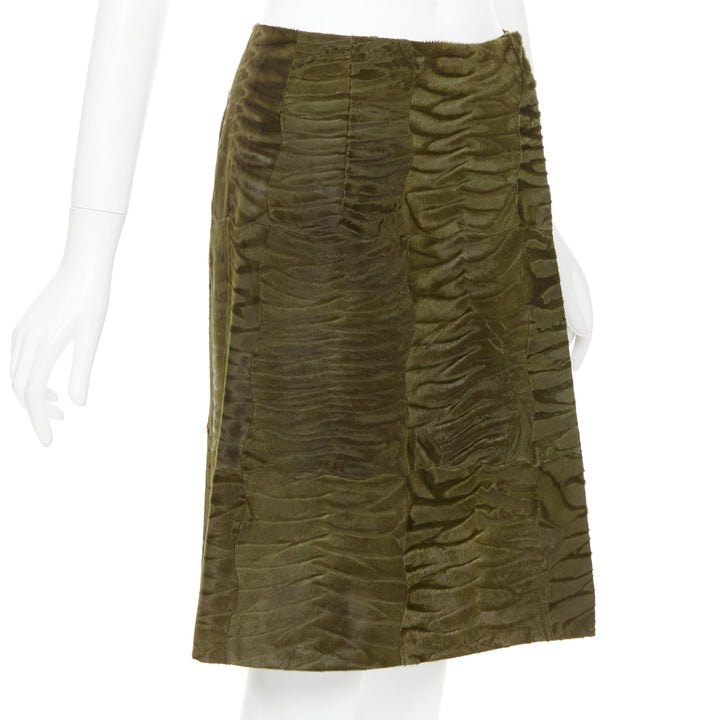 PRADA Vintage 2004 Runway moss green Persian lamb fur A-line knee skirt IT40 S