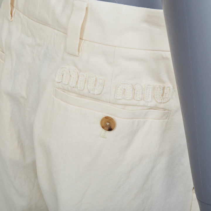MIU MIU 2023 beige cotton back logo applique straight leg pants IT36 XXS