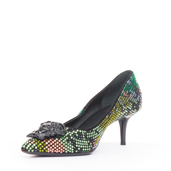 VERSACE 2015 Palazzo camouflage green rhinestone crystal Medusa pumps EU36 US6