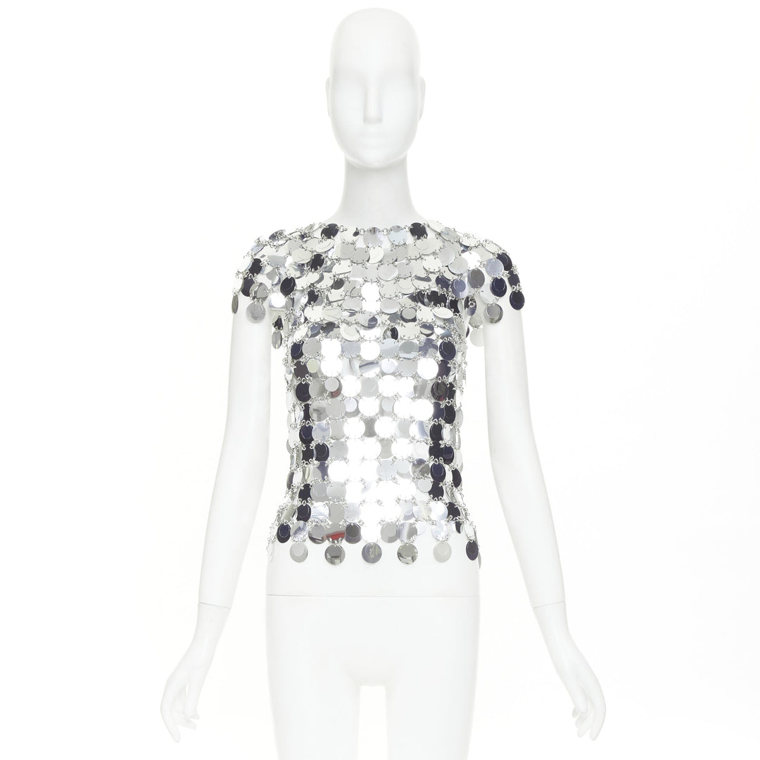 PACO RABANNE The Iconic silver metallic disc short sleeves paillettes top M