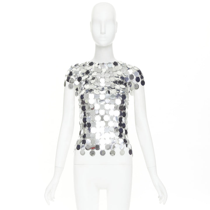 PACO RABANNE The Iconic silver metallic disc short sleeves paillettes top M