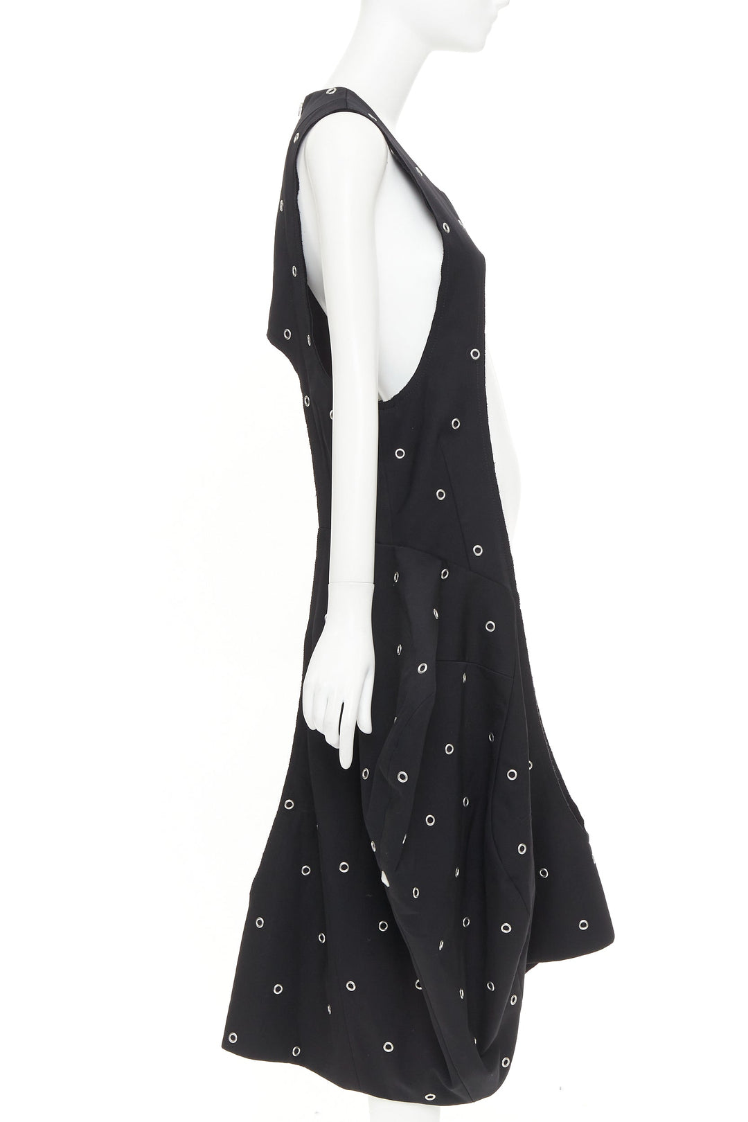 rare COMME DES GARCONS 2019 Runway wool silver grommet cut out pannier dress S