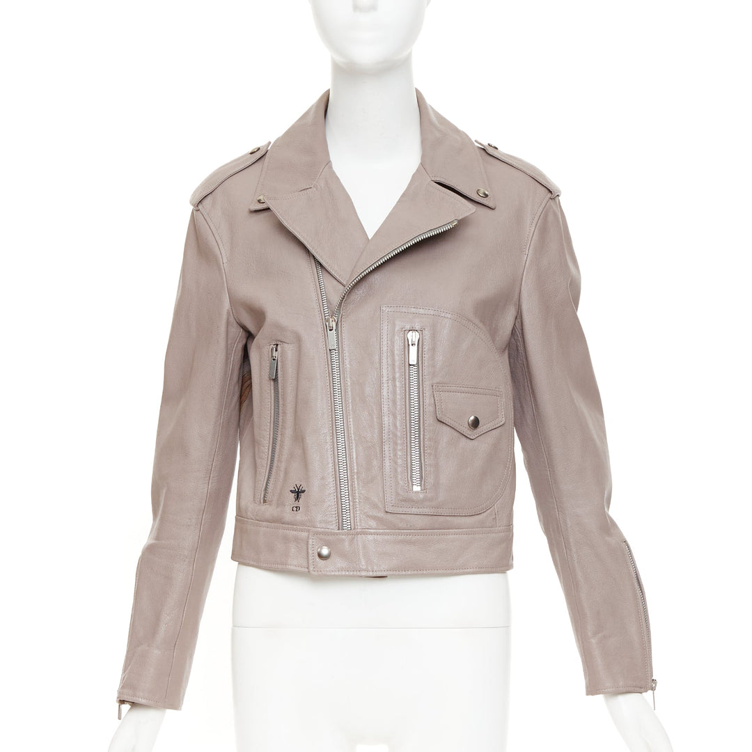 CHRISTIAN DIOR beige goat leather handpainted Phoenix zipped biker jacket FR38 M