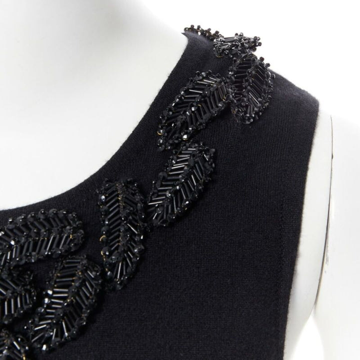 OSCAR DE LA RENTA black cashmere sequin bead leaf embroider applique vest top XS