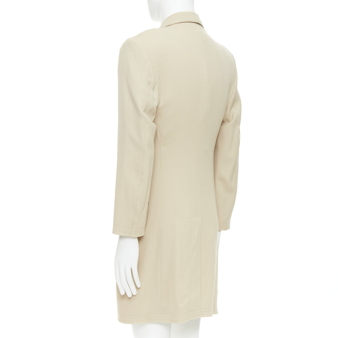 HERMES beige 100% wool twill horn buttons minimal long coat IT46 S