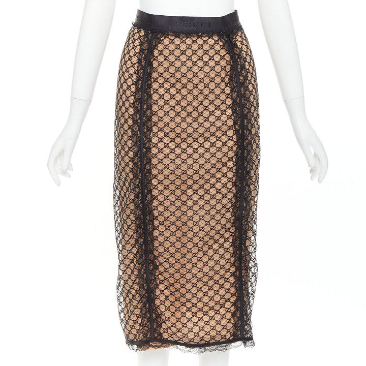 GUCCI 2022 Runway Aria black nude GG mesh lace lingerie midi skirt M