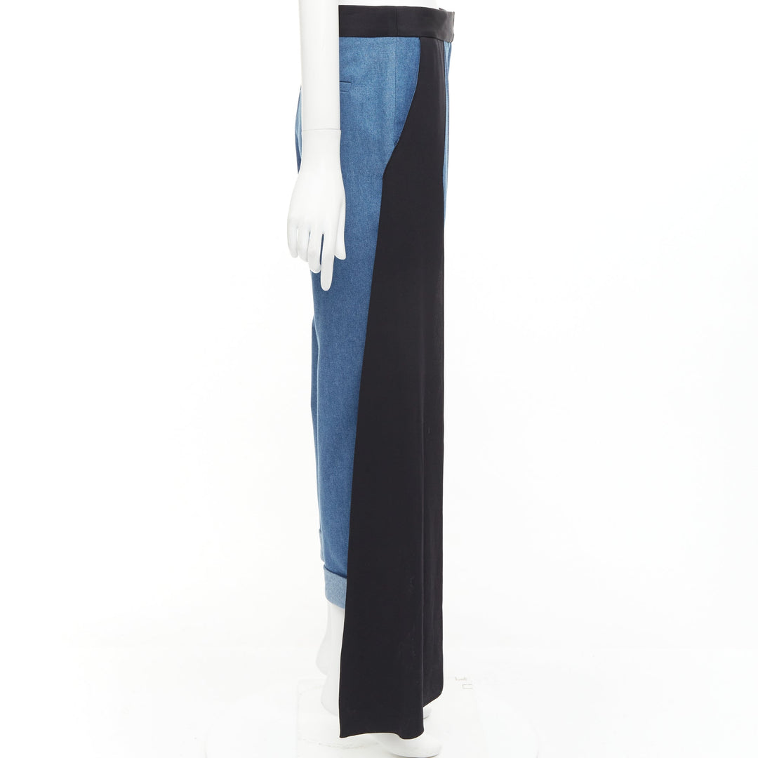 HELLESSY Jagger blue denim black silk panels deconstructed cropped pants US2 S