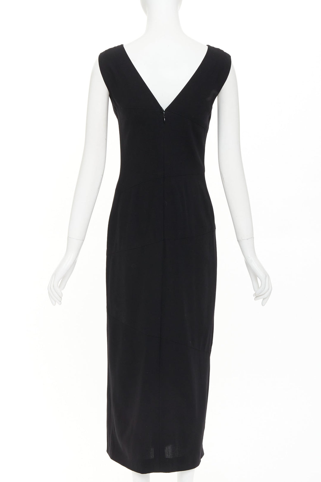 CHANEL 1998 asymmetric surplice black wool crepe cocktail sheath dress FR38 M