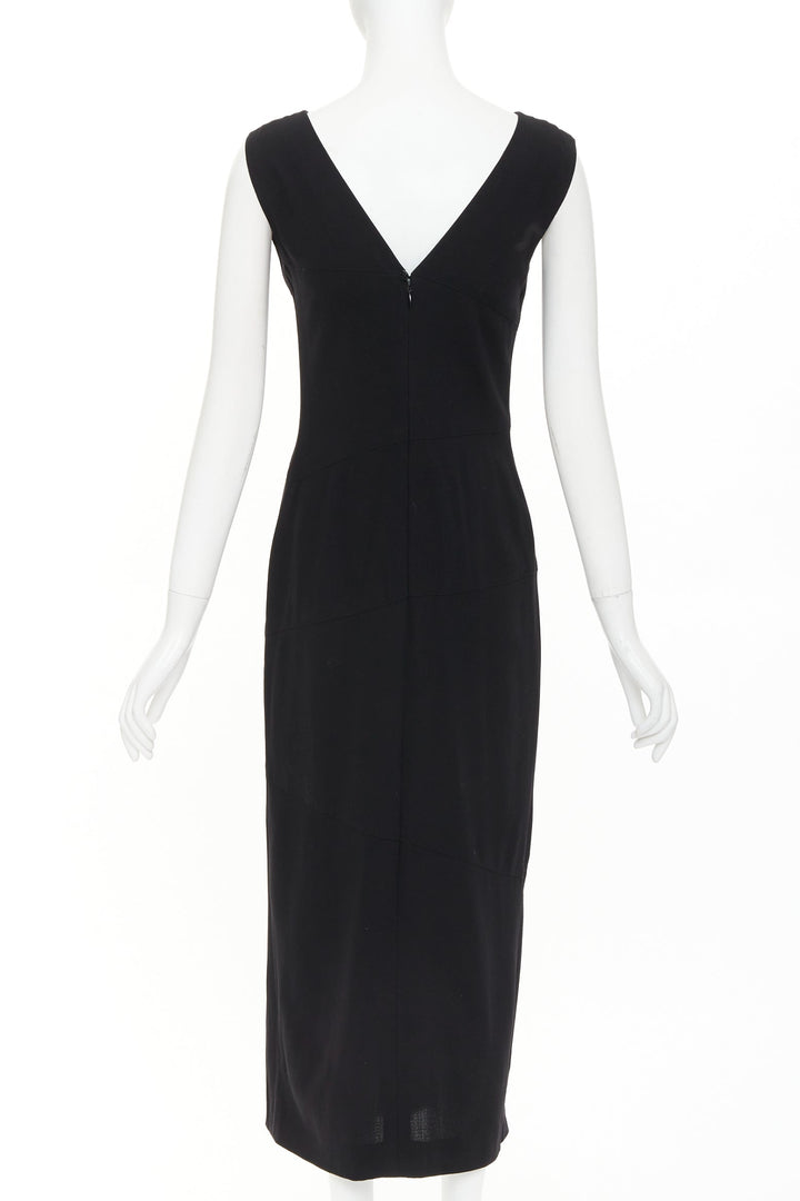 CHANEL 1998 asymmetric surplice black wool crepe cocktail sheath dress FR38 M