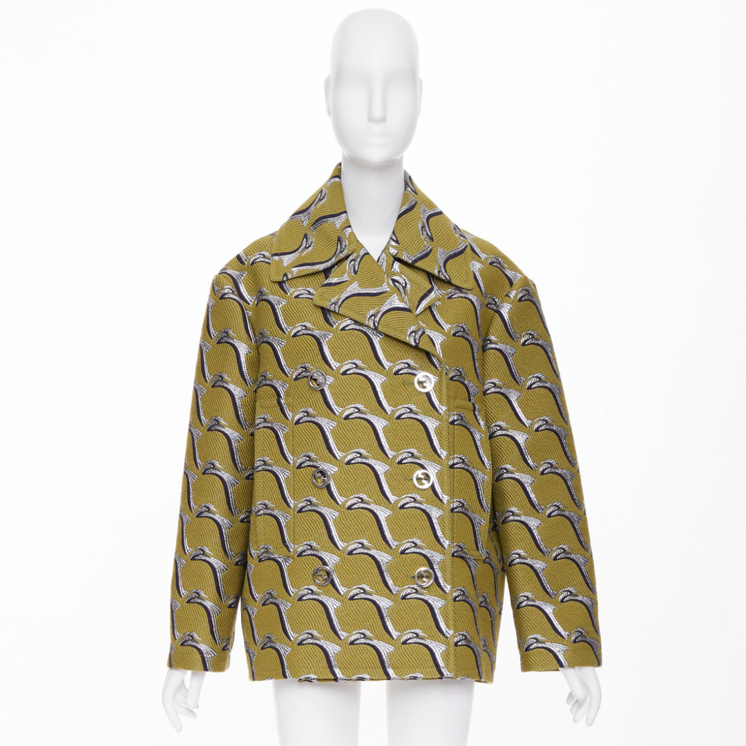 GUCCI 2024 Runway green silver Heron bird jacquard double breast peacoat IT40 S