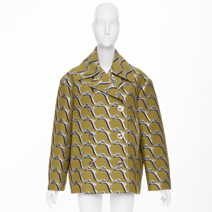GUCCI 2024 Runway green silver Heron bird jacquard double breast peacoat IT40 S