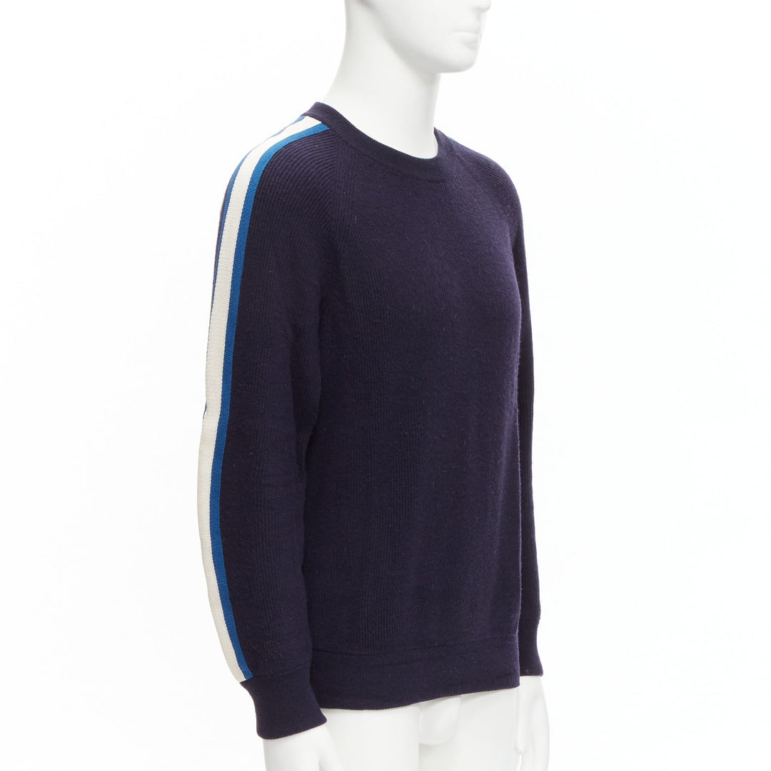 LOUIS VUITTON blue white LV logo trim navy wool cashmere raglan sweater M