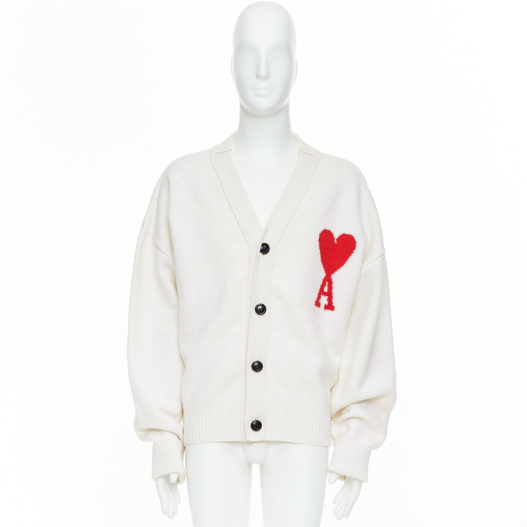 AMI De Coeur cream virgin wool heart logo buttoned cardigan XL