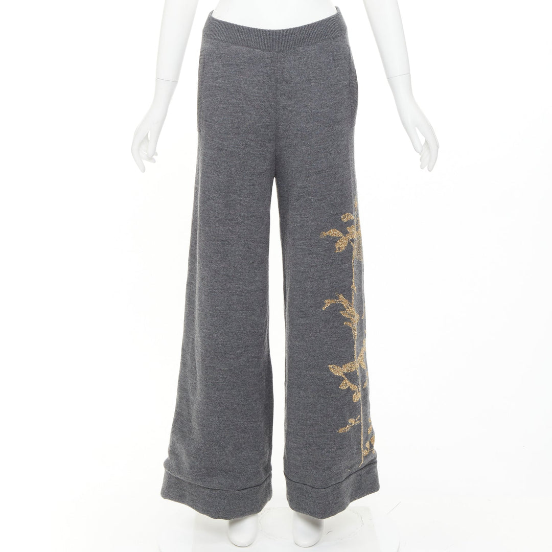 DRIES VAN NOTEN 2017 grey merino wool gold metallic floral intarsia wide pants S