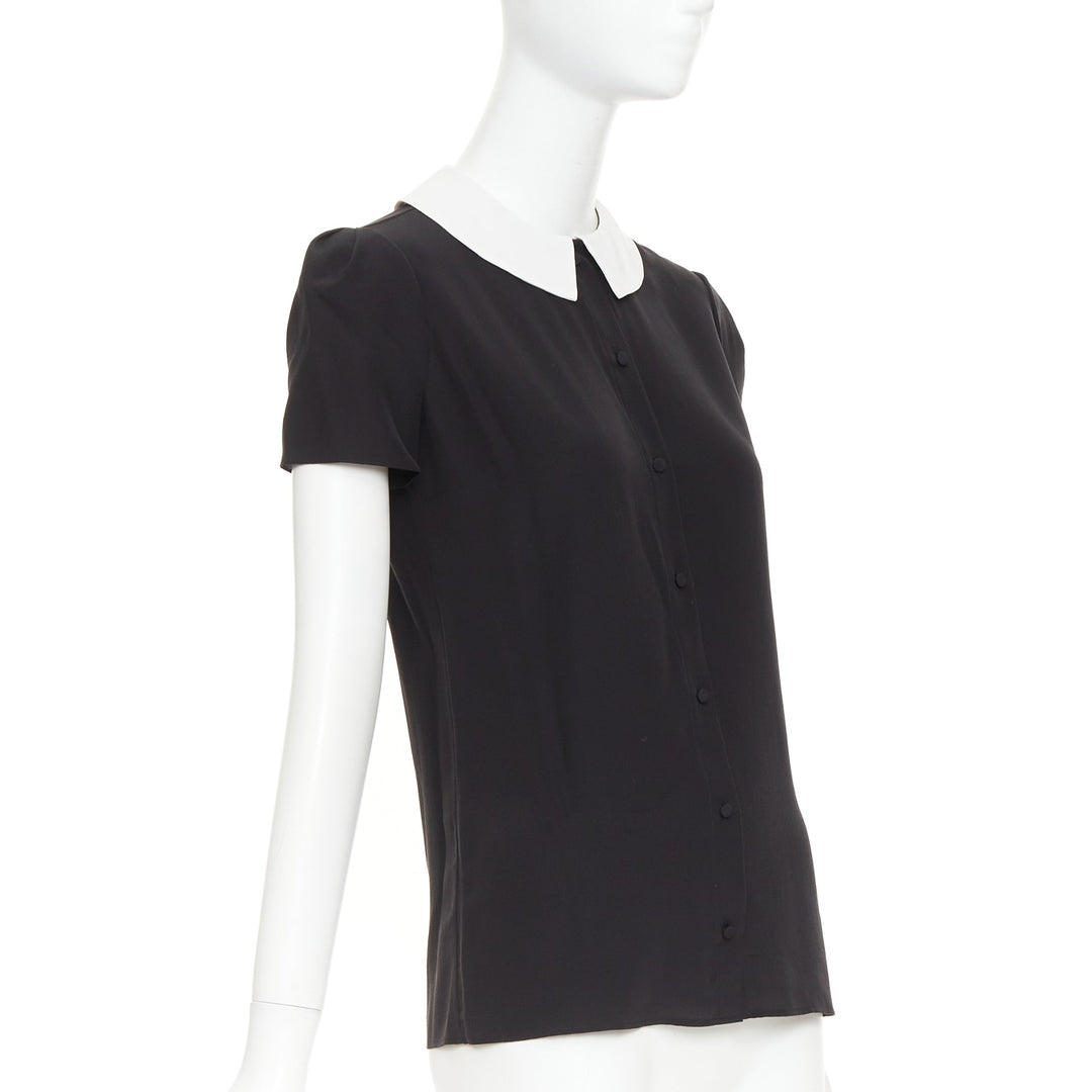 SAINT LAURENT 2014 black cream silk peter pan collar cap sleeve blouse FR36 S