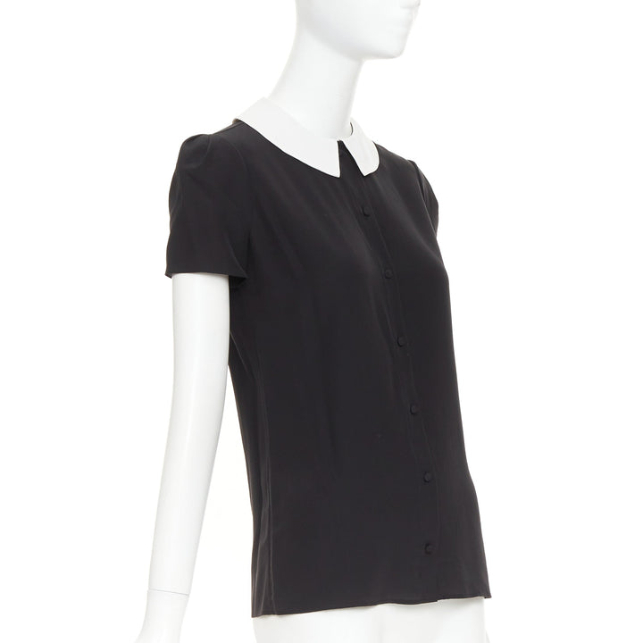 SAINT LAURENT 2014 black cream silk peter pan collar cap sleeve blouse FR36 S