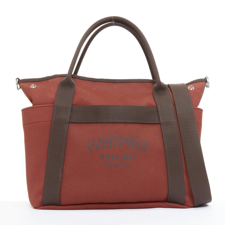 HERMES Sac de Panage Groom burgundy brown canvas logo tote bag