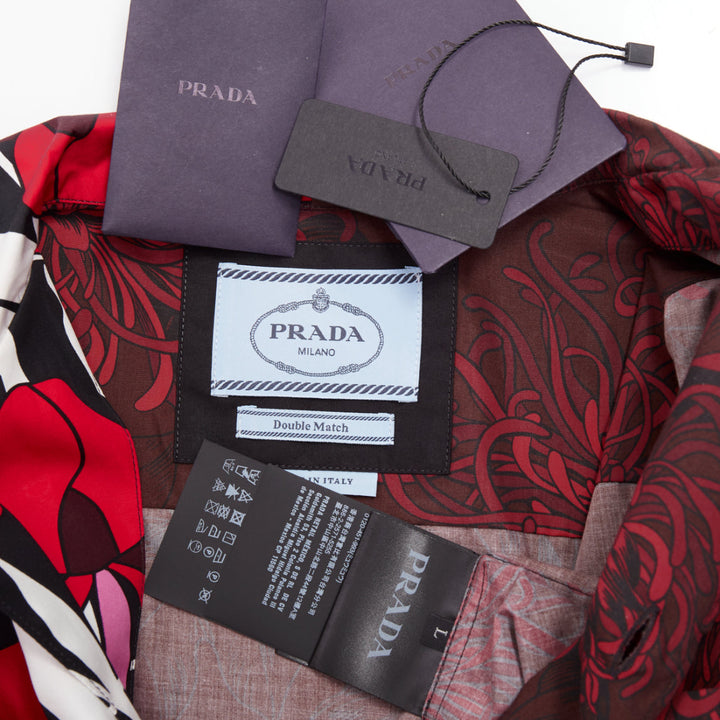 PRADA 2021 Runway Double Match red iris burgundy floral split bowling shirt L