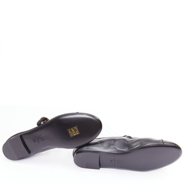 CHANEL 2024 black soft lambskin leather stitched CC cap toe mary jane flats EU39