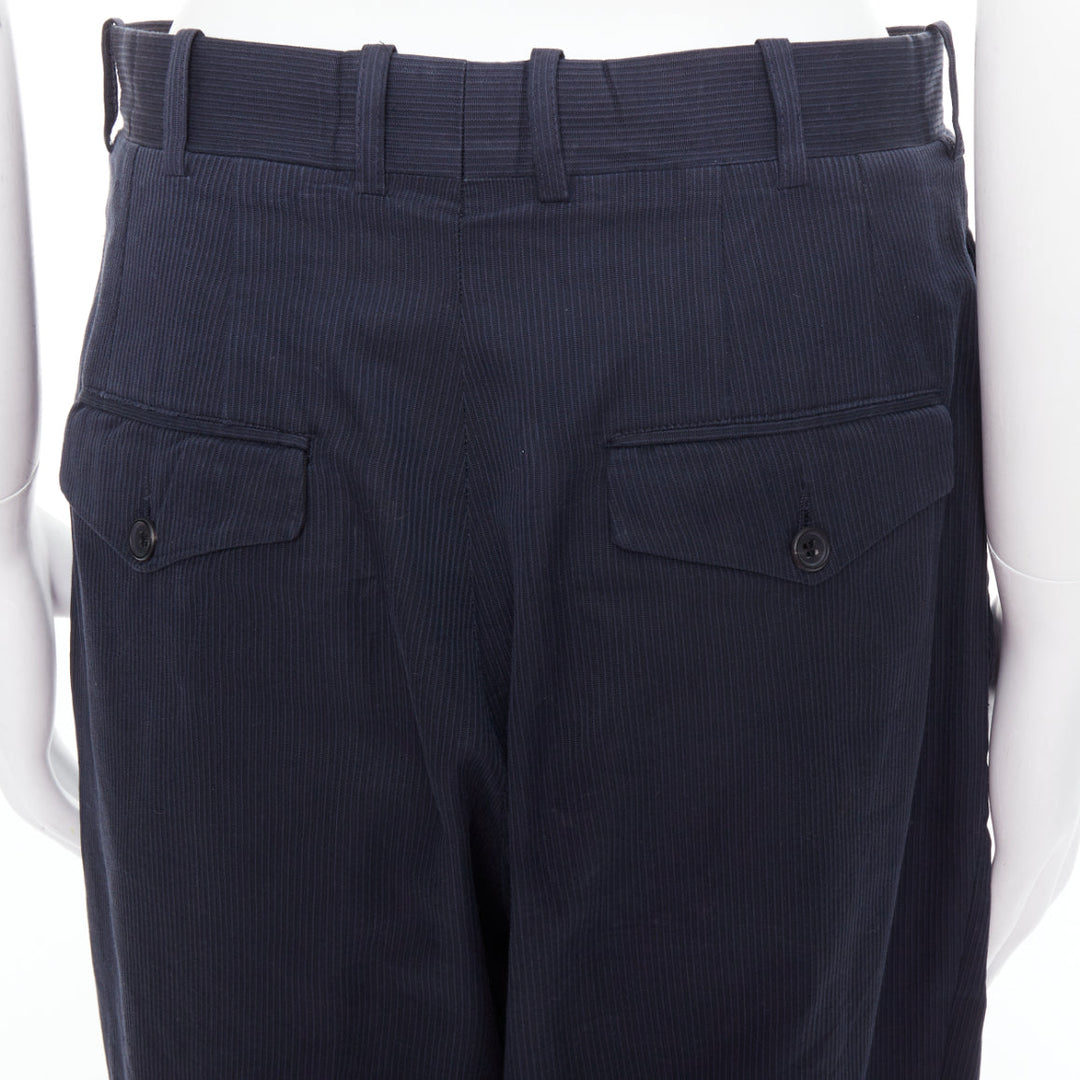 YOHJI YAMAMOTO navy cotton pinstripe front pleat tapered pants S